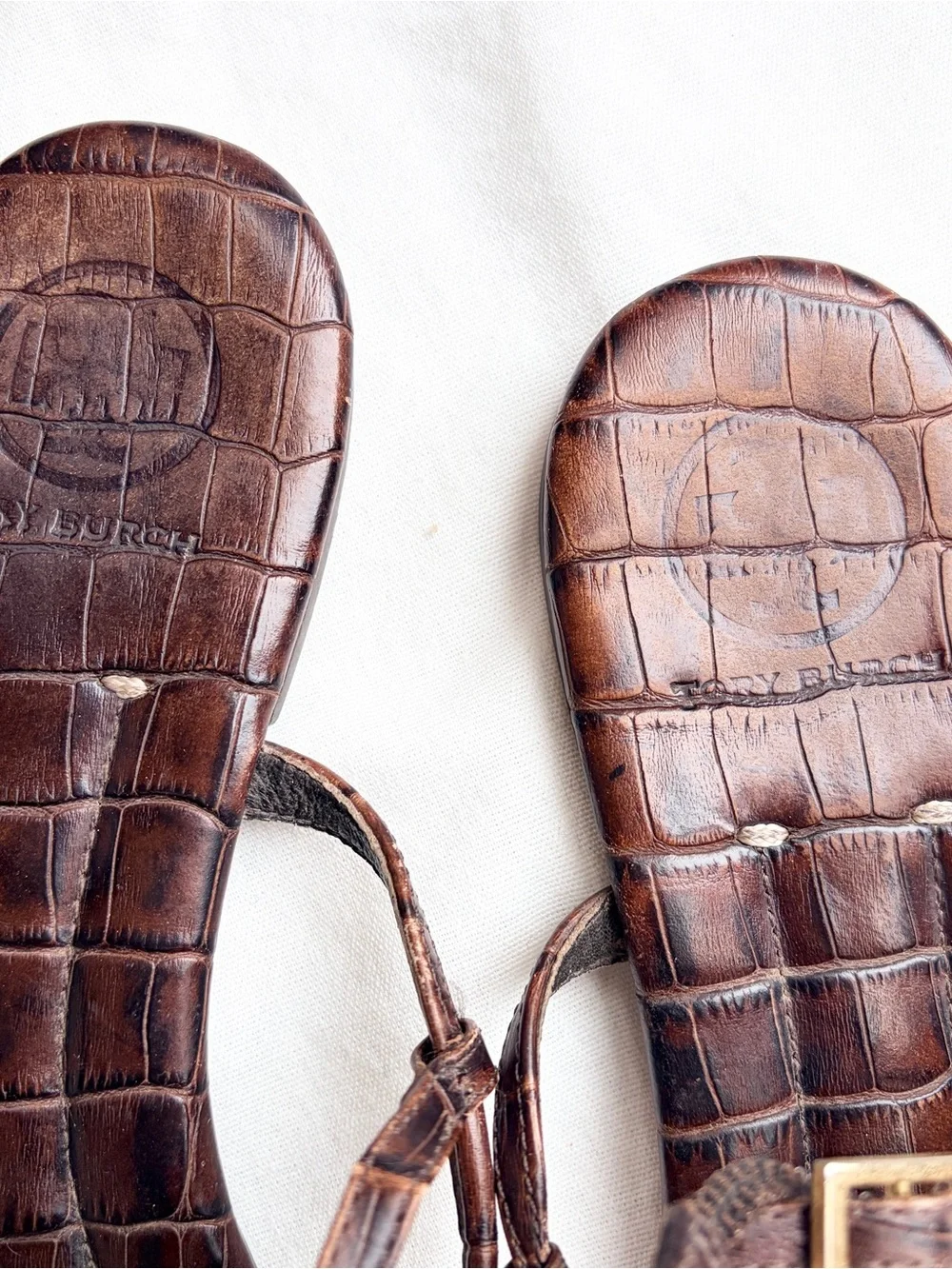 Tory Burch Brown Croc-Embossed T-Strap Sandals with Gold Logo